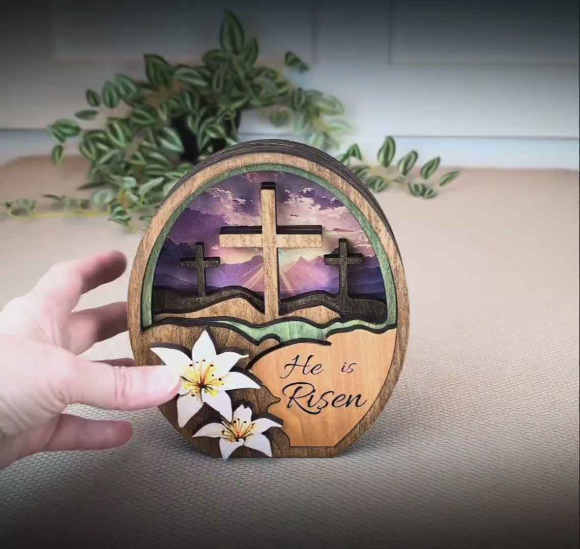 He Is Risen Easter Shelf Sitter – Multi-Layer Cross Scene with Easter Lilies, Personalized Mantel Decor
