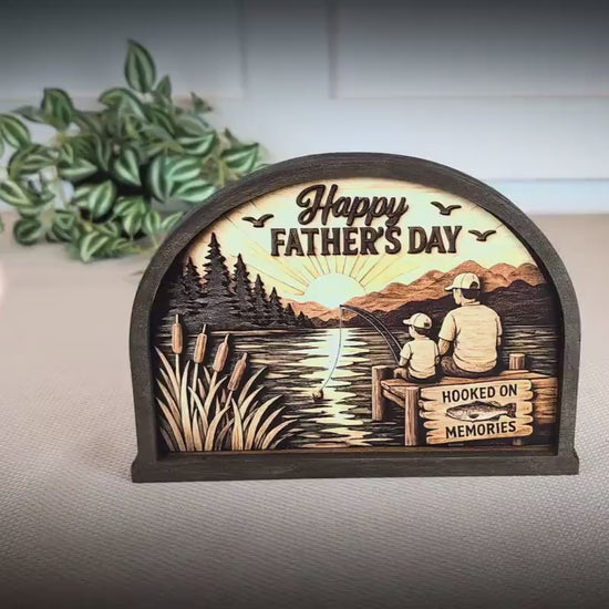 Personalized Father Son Fishing Shelf Sitter, Father’s Day Decor, Rustic Lake Scene Keepsake Gift for Dad, Tabletop Decor, Birthday Present