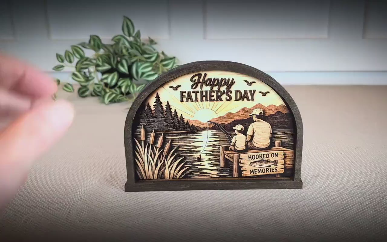 Personalized Father Son Fishing Shelf Sitter, Father’s Day Decor, Rustic Lake Scene Keepsake Gift for Dad, Tabletop Decor, Birthday Present