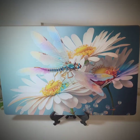 Dragonfly and Daisy Flowers Brighten up your Kitchen Decor, an Environmentally Friendly Bamboo Cutting Board Decorated with UV Ink