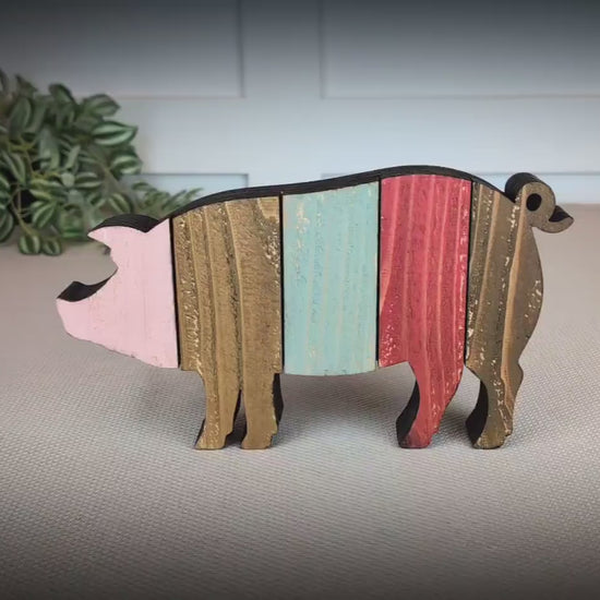 Rustic Farmhouse Pig Shelf Sitter, Pastel Striped Wood Cutout, Country Barnyard Tabletop Decor, Small Animal Figurine, Homestead Keepsake