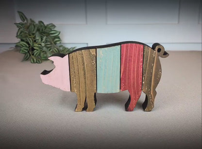 Rustic Farmhouse Pig Shelf Sitter, Pastel Striped Wood Cutout, Country Barnyard Tabletop Decor, Small Animal Figurine, Homestead Keepsake