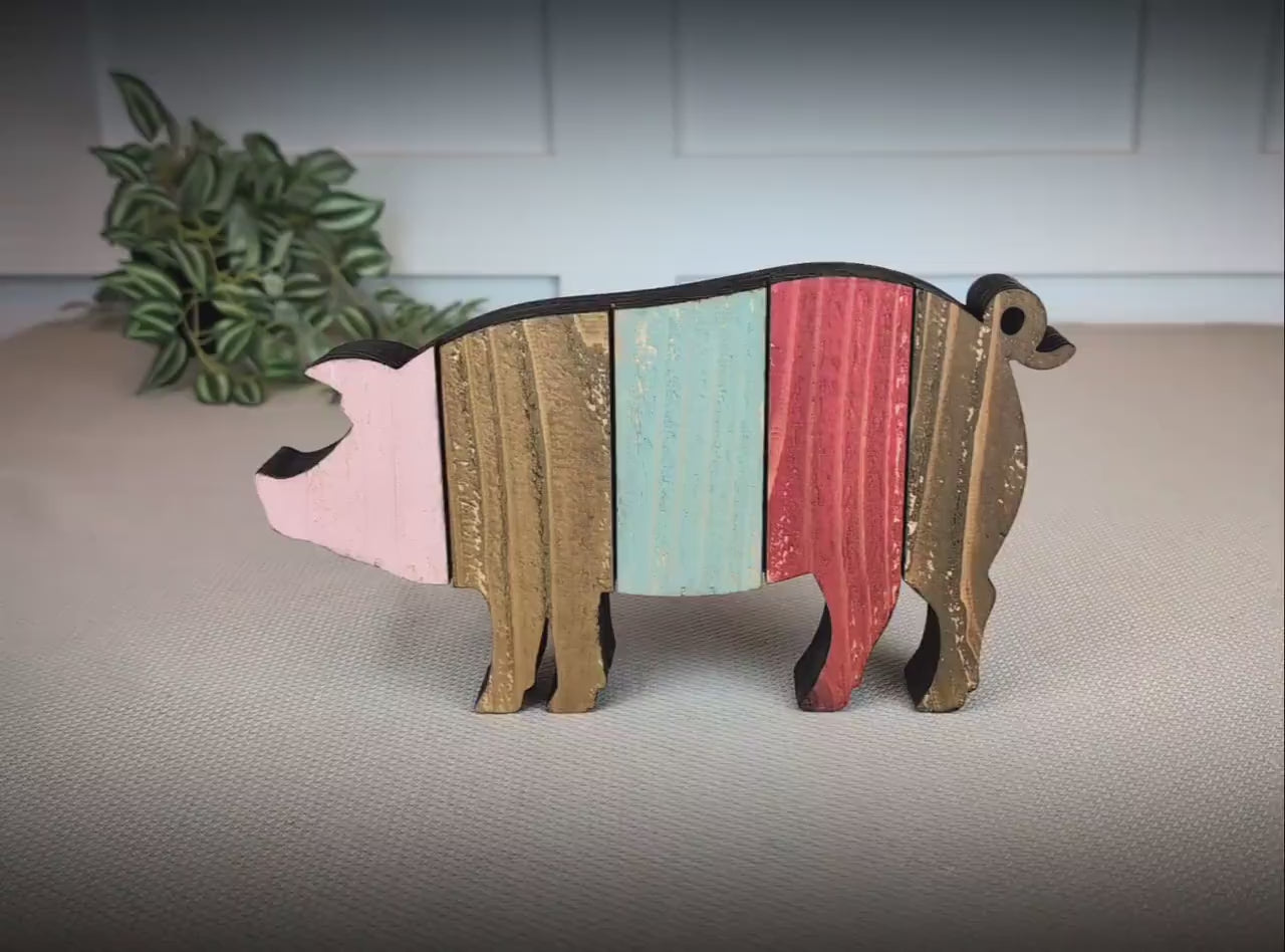 Rustic Farmhouse Pig Shelf Sitter, Pastel Striped Wood Cutout, Country Barnyard Tabletop Decor, Small Animal Figurine, Homestead Keepsake