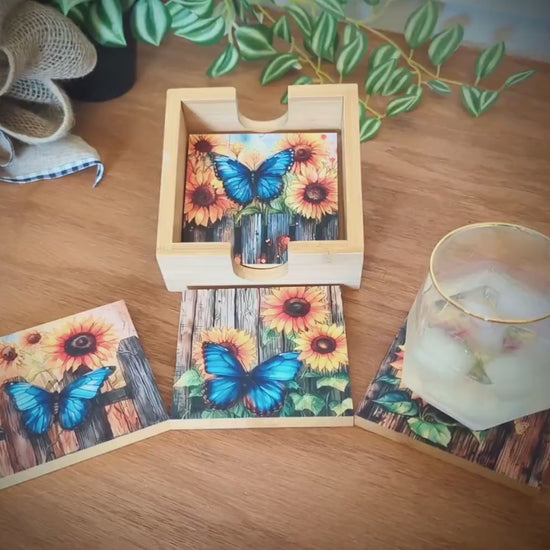 Personalized rustic wood coaster set of 4 with caddy, modern farmhouse table coasters, custom butterfly & sunflower lover gift, bamboo wood