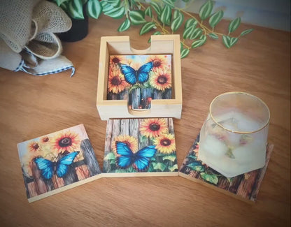 Personalized rustic wood coaster set of 4 with caddy, modern farmhouse table coasters, custom butterfly & sunflower lover gift, bamboo wood