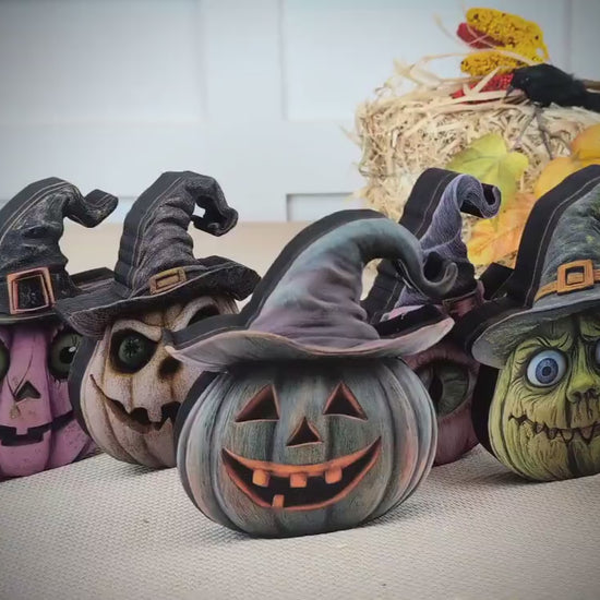 Witch Hats and Pumpkins Shelf Sitters – Set of 7 or Singles, Personalized, Multi-Layer Poplar & Pine Halloween Decor. A whimsical addition