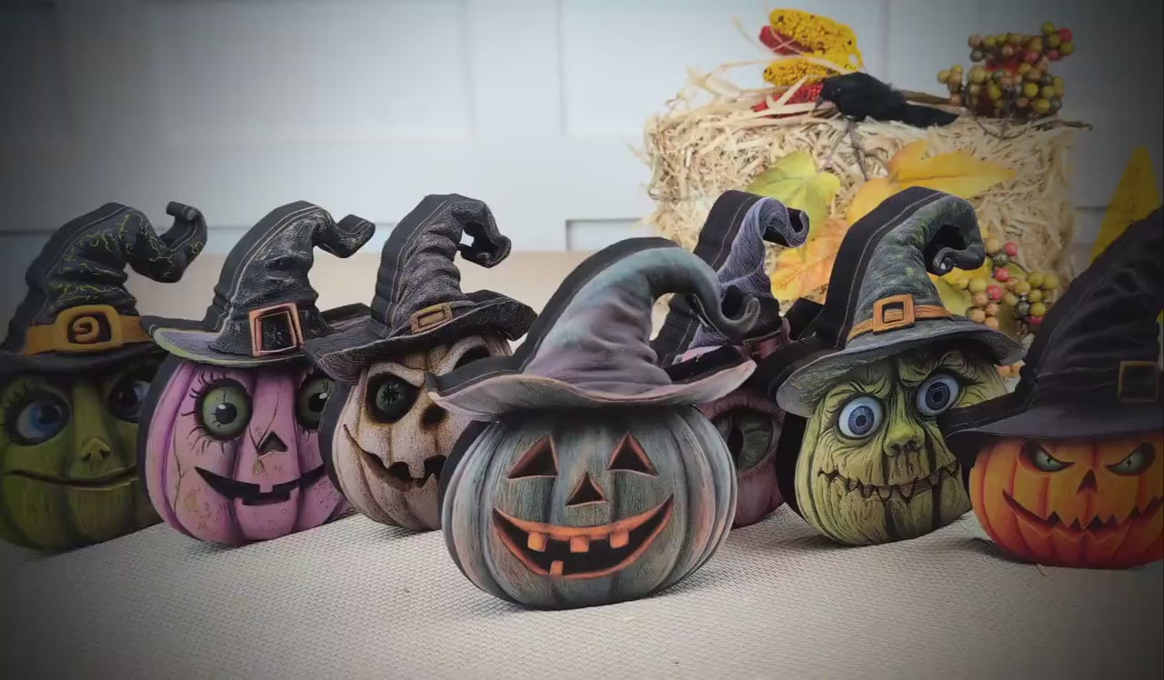 Witch Hats and Pumpkins Shelf Sitters – Set of 7 or Singles, Personalized, Multi-Layer Poplar & Pine Halloween Decor. A whimsical addition