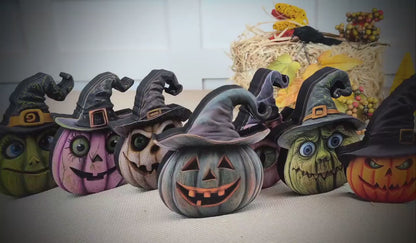 Witch Hats and Pumpkins Shelf Sitters – Set of 7 or Singles, Personalized, Multi-Layer Poplar & Pine Halloween Decor. A whimsical addition