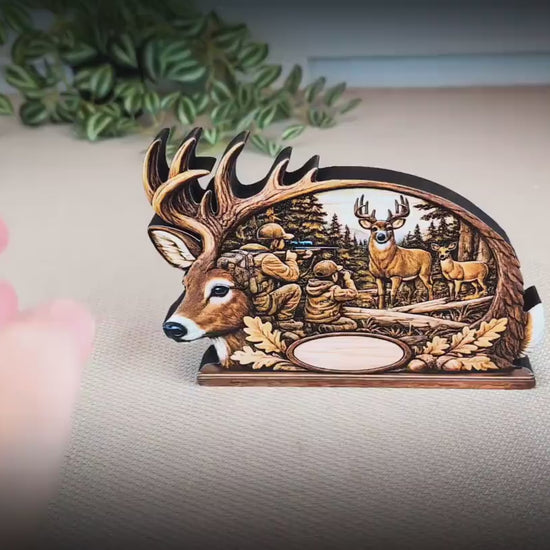 Personalized Father Son Deer Hunting Shelf Sitter, Rustic Buck Scene Tabletop Decor, Hunter Keepsake Gift for Dad, Mantle Decor