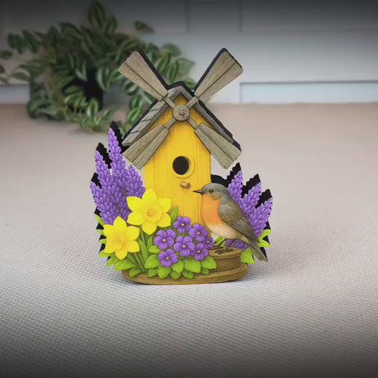Personalized Windmill Birdhouse Shelf Sitter – Violet and Yellow Spring Flowers – Custom Name Kids Room Decor, Wooden Mantel & Tiered Tray