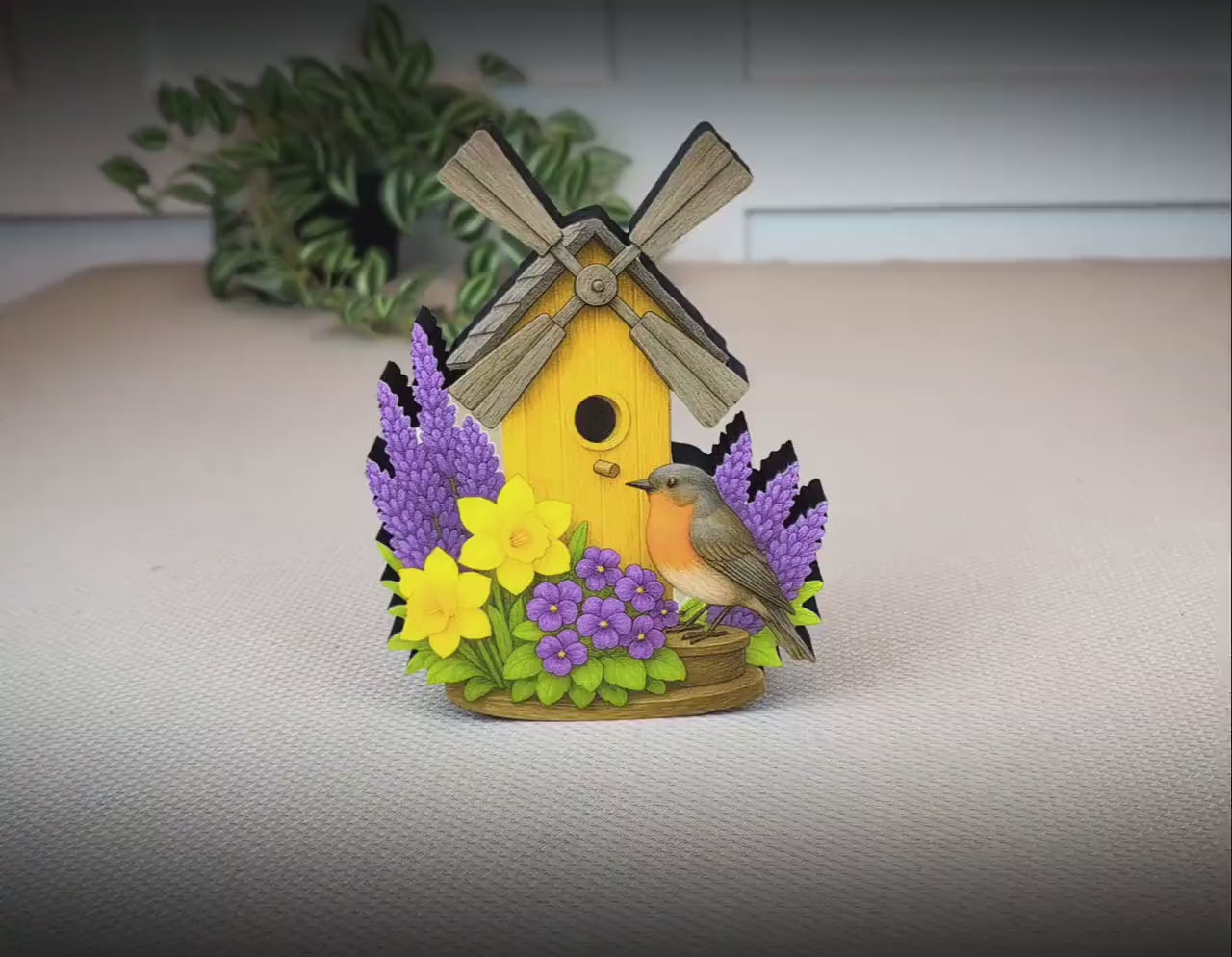 Personalized Windmill Birdhouse Shelf Sitter – Violet and Yellow Spring Flowers – Custom Name Kids Room Decor, Wooden Mantel & Tiered Tray