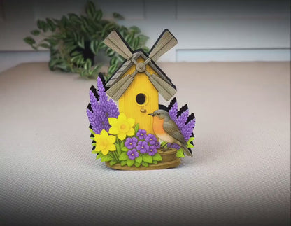 Personalized Windmill Birdhouse Shelf Sitter – Violet and Yellow Spring Flowers – Custom Name Kids Room Decor, Wooden Mantel & Tiered Tray