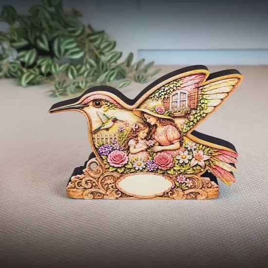 Whimsical Hummingbird Shelf Sitter, Spring Cottage Wood Decor, Layered Floral Tabletop Sign, Bird Lover Gift, Garden Home Accent Keepsake