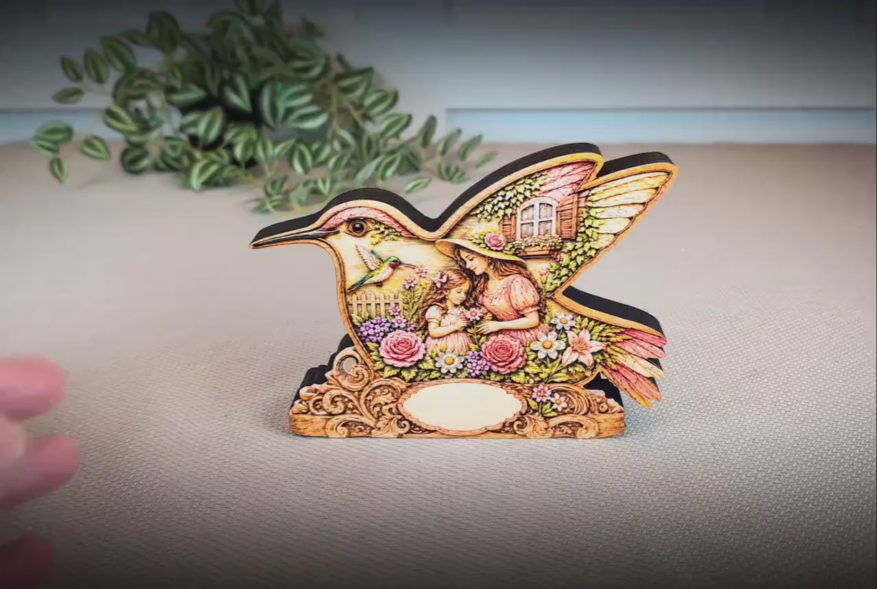 Whimsical Hummingbird Shelf Sitter, Spring Cottage Wood Decor, Layered Floral Tabletop Sign, Bird Lover Gift, Garden Home Accent Keepsake