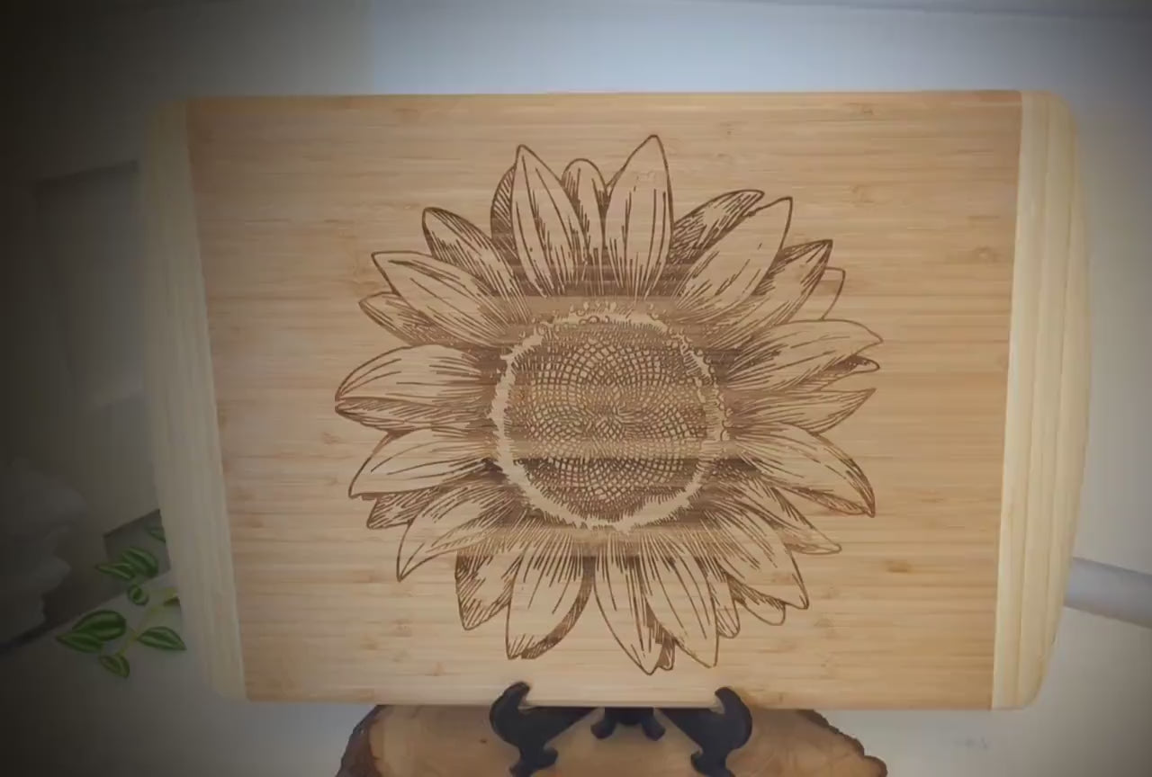 Sunflower Kitchen Decor - Personalized Bamboo Cutting Board for Mother's Day, great Environmentally Friendly Gifts, Wooden Easel Included