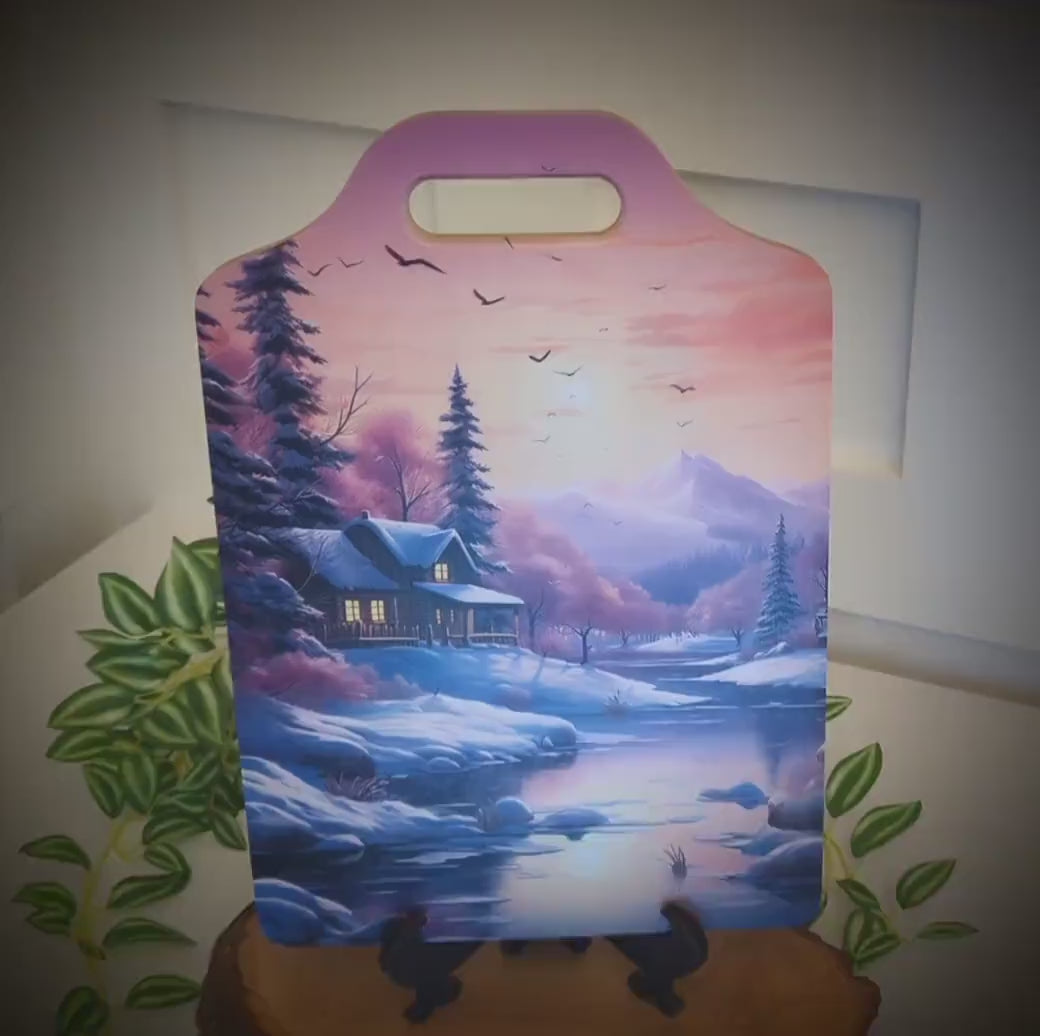 Winter Cabin Cutting Board, Rustic Winter Cabin & Stream Kitchen Decor, Environmentally Friendly Bamboo Cutting Board decorated using UV Ink