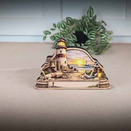 Personalized Lighthouse Shelf Sitter, Nautical Beach Decor, Coastal Tabletop Sign, Beach House  Keepsake, Shelf & Mantle Decor