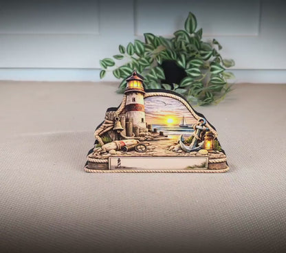 Personalized Lighthouse Shelf Sitter, Nautical Beach Decor, Coastal Tabletop Sign, Beach House  Keepsake, Shelf & Mantle Decor