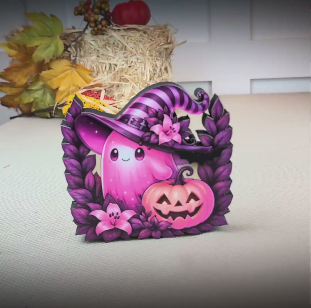 Pink Ghost Halloween Shelf Sitter – Multi-Layer Wooden Scene with Pumpkins and Flowers. Rustic Accent for Tiered Trays, Mantels & Shelves