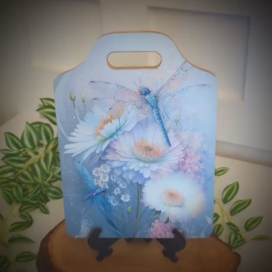Dragonflies Kitchen Decor, Environmentally Friendly Handled Bamboo Cutting Board Decorated with UV Ink w/Unique Daisies & Dragonflies Design