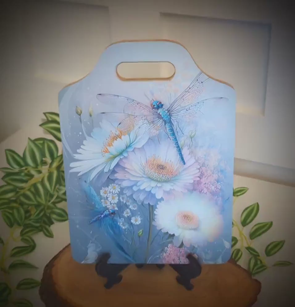 Dragonflies Kitchen Decor, Environmentally Friendly Handled Bamboo Cutting Board Decorated with UV Ink w/Unique Daisies & Dragonflies Design
