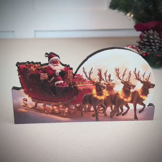 Santa Sleigh Shelf Sitter – Personalized Christmas Mantel Decor, Reindeer & Moonlit Scene. this sleigh scene brings instant Christmas wonder