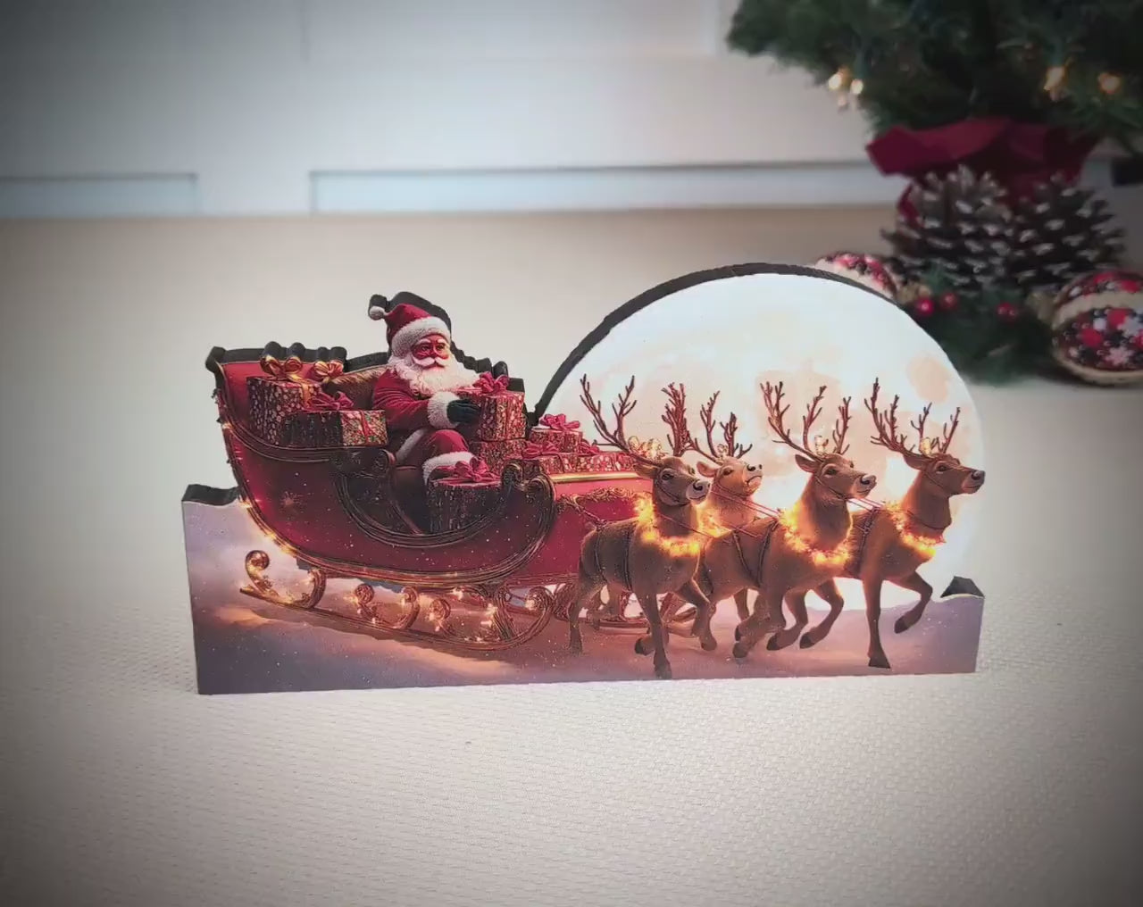 Santa Sleigh Shelf Sitter – Personalized Christmas Mantel Decor, Reindeer & Moonlit Scene. this sleigh scene brings instant Christmas wonder