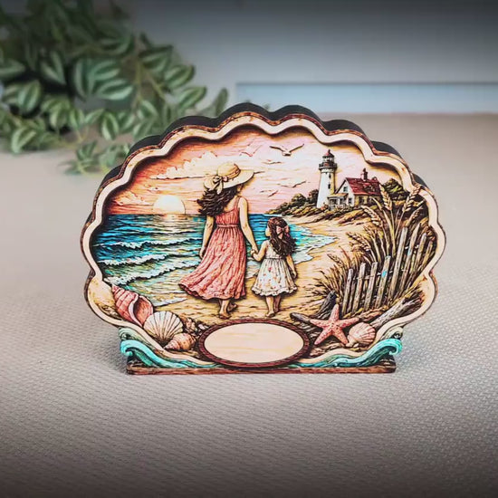 Personalized Mother Daughter Beach Shelf Sitter, Coastal Ocean Scene Decor, Seashell Tabletop Keepsake Gift for Mom or Daughter