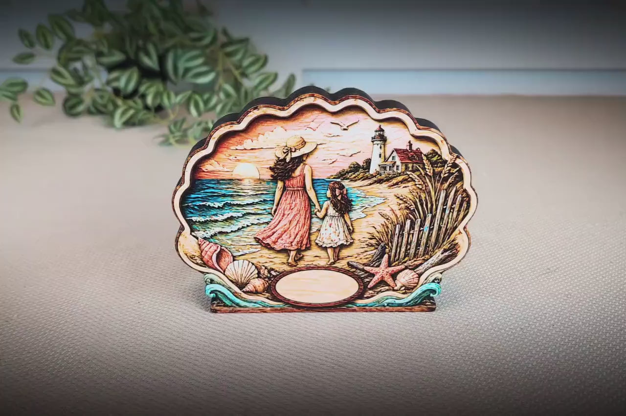 Personalized Mother Daughter Beach Shelf Sitter, Coastal Ocean Scene Decor, Seashell Tabletop Keepsake Gift for Mom or Daughter