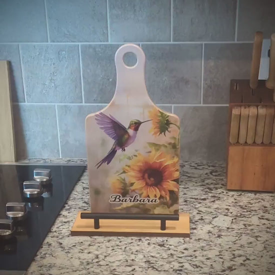 Sunflowers And Purple Hummingbird Cookbook Stand, Wooden Kitchen Recipe Holder, Personalized Ipad And Tablet Stand, Custom Gift For Cooks