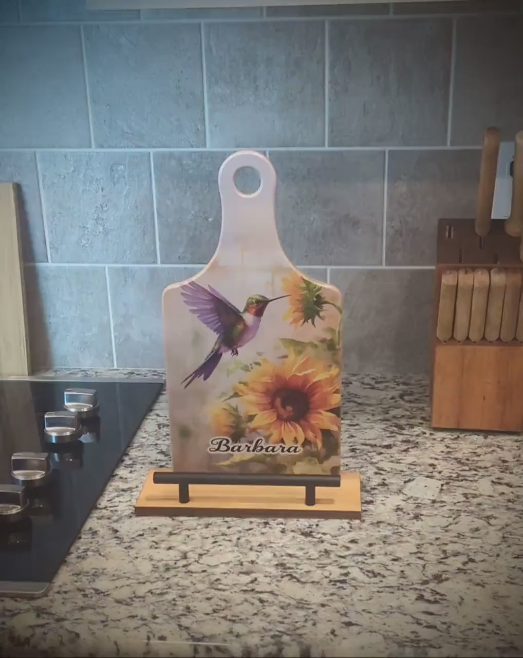 Sunflowers And Purple Hummingbird Cookbook Stand, Wooden Kitchen Recipe Holder, Personalized Ipad And Tablet Stand, Custom Gift For Cooks