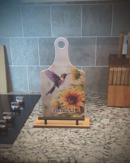 Sunflowers And Purple Hummingbird Cookbook Stand, Wooden Kitchen Recipe Holder, Personalized Ipad And Tablet Stand, Custom Gift For Cooks