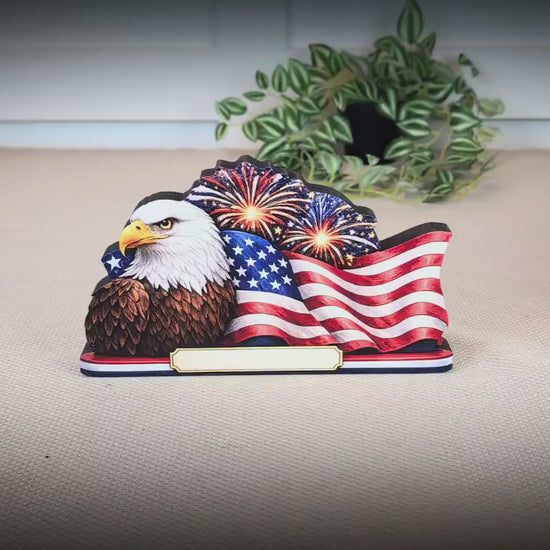 Personalized Patriotic Eagle Shelf Sitter, American Flag Table Decor, 4th of July Shelf Decor, Americana Firework Sign