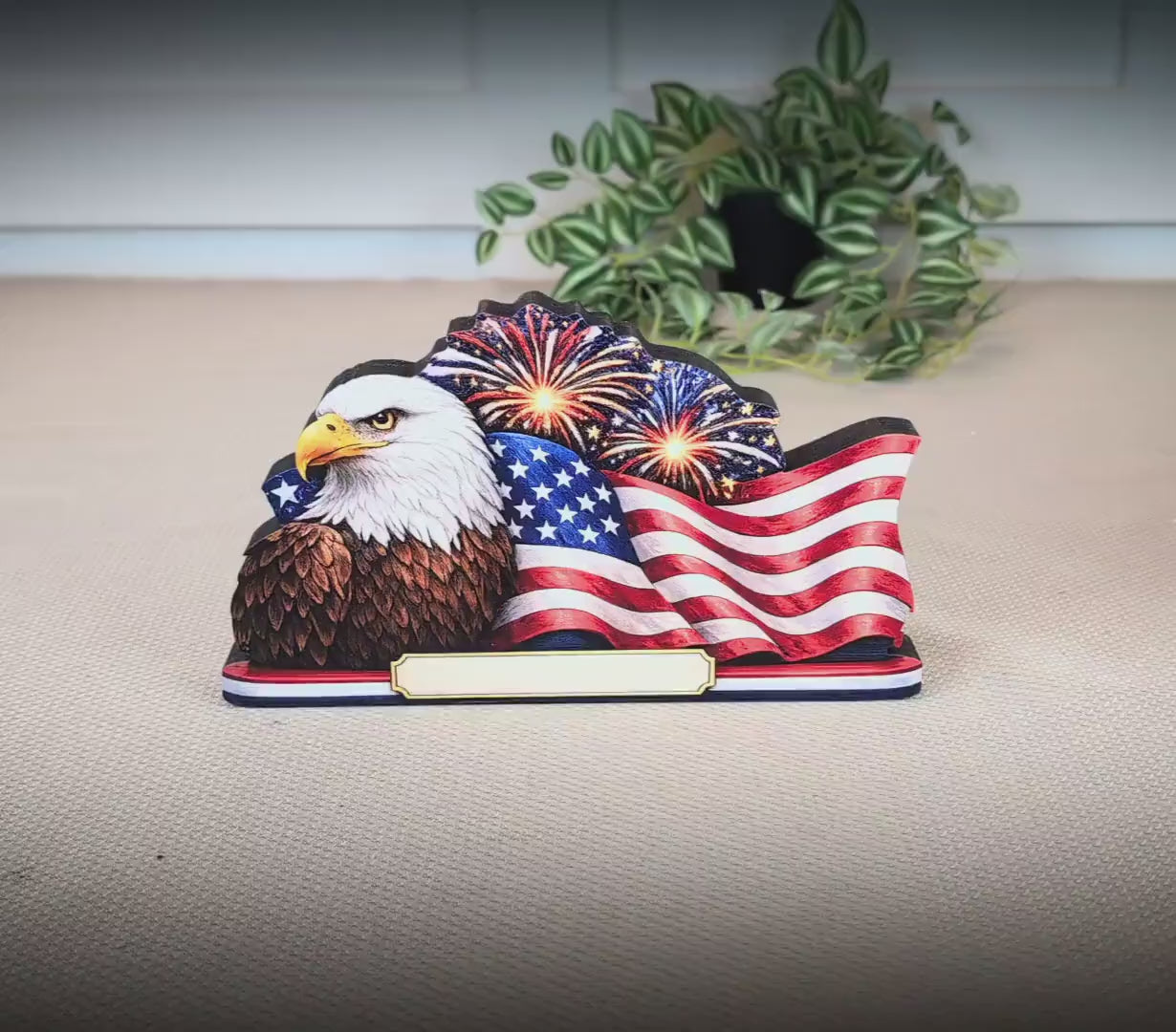 Personalized Patriotic Eagle Shelf Sitter, American Flag Table Decor, 4th of July Shelf Decor, Americana Firework Sign