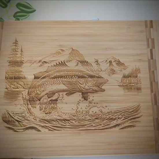 Mountain Lake Fishing Design Decorate this Bamboo Cutting Board & can be Personalized, Environmentally Friendly Gifts and Wood Easel Include