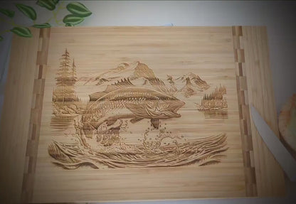 Mountain Lake Fishing Design Decorate this Bamboo Cutting Board & can be Personalized, Environmentally Friendly Gifts and Wood Easel Include