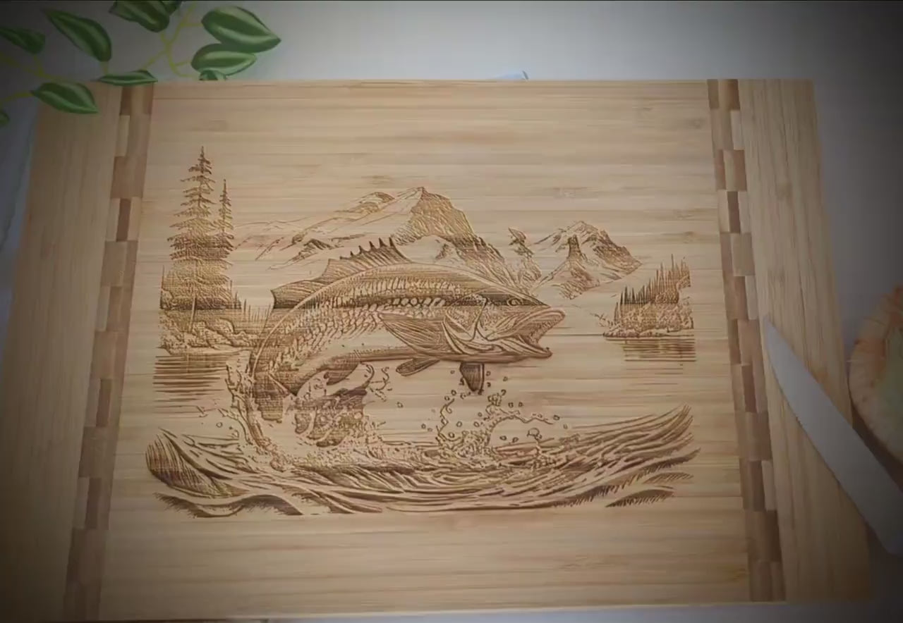 Mountain Lake Fishing Design Decorate this Bamboo Cutting Board & can be Personalized, Environmentally Friendly Gifts and Wood Easel Include