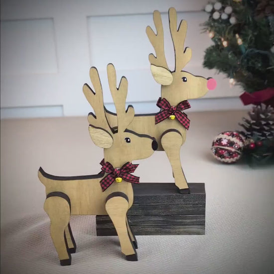 Set of 2 Personalized Wooden Reindeer Shelf Sitters: Buffalo Plaid Bows, Rustic Christmas Decor