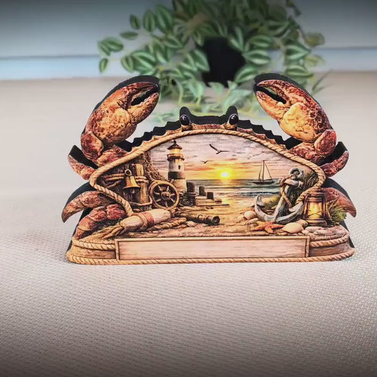 Personalized Nautical Crab Shelf Sitter, Coastal Beach Table Decor, Lighthouse Ocean Scene, Beach House Keepsake, Mantel & Tiered Tray Decor