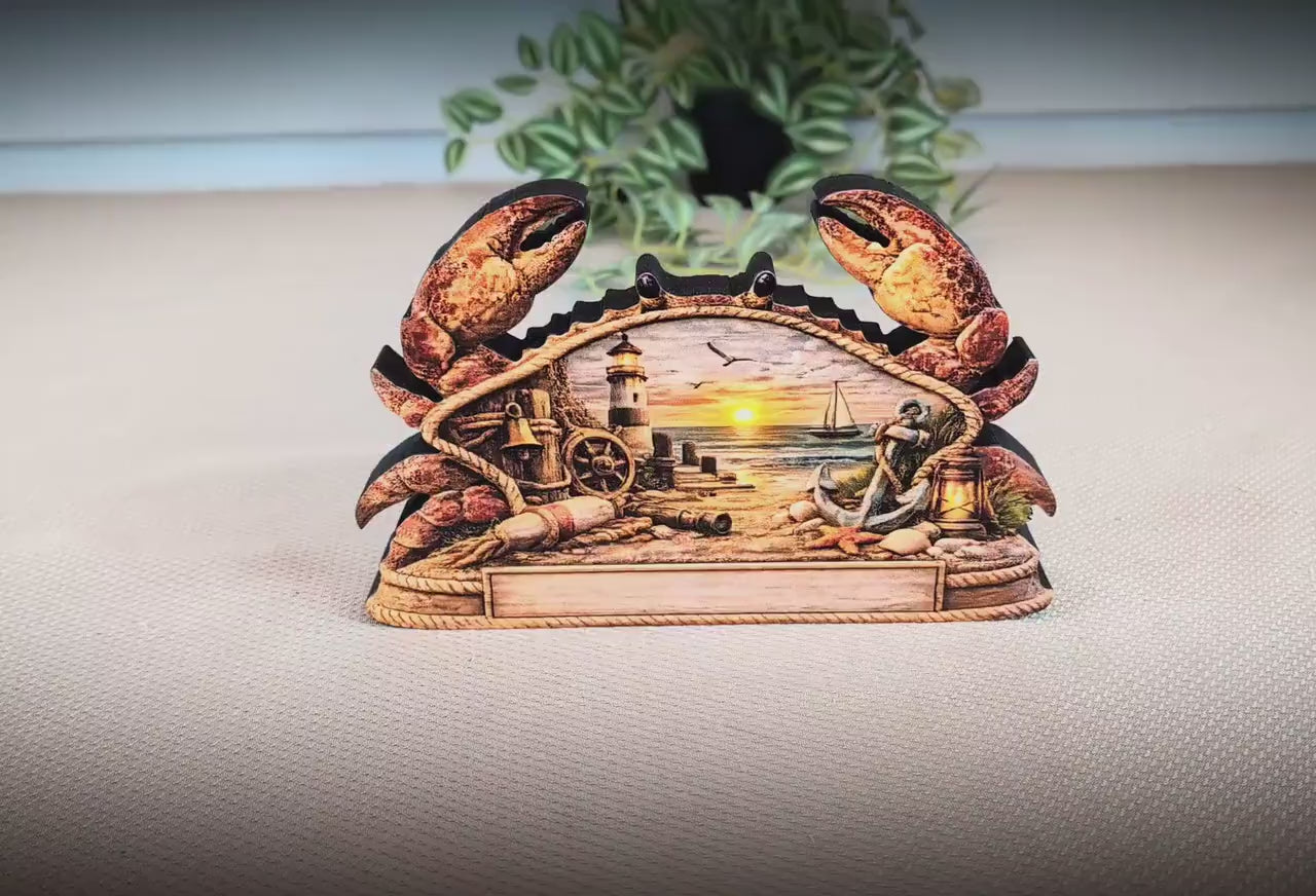Personalized Nautical Crab Shelf Sitter, Coastal Beach Table Decor, Lighthouse Ocean Scene, Beach House Keepsake, Mantel & Tiered Tray Decor