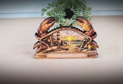 Personalized Nautical Crab Shelf Sitter, Coastal Beach Table Decor, Lighthouse Ocean Scene, Beach House Keepsake, Mantel & Tiered Tray Decor