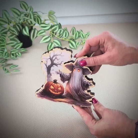 Custom Halloween Ghost Shelf Sitter, Spooky Tree & Pumpkin, A Keepsake Filled With Wonder, Decor for Tiered Trays. Mantels and Shelves