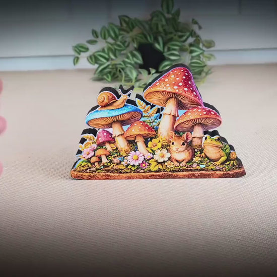 Personalized Colorful Mushroom Shelf Sitter – Toadstools and Field Mouse – Custom Name Kids Room or Nursery, Decor Mantel & Tiered Tray