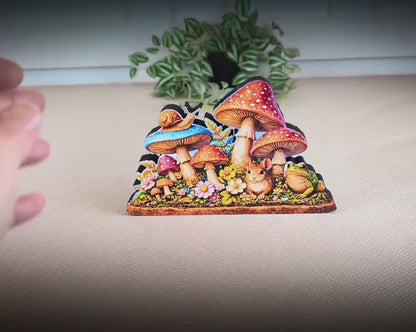 Personalized Colorful Mushroom Shelf Sitter – Toadstools and Field Mouse – Custom Name Kids Room or Nursery, Decor Mantel & Tiered Tray