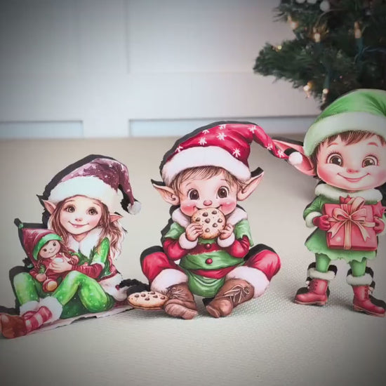 Set of 3 Christmas Elf Shelf Sitters, Wooden Holiday Mantel Decor. Three Merry Helpers, One Cozy Story