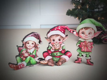Set of 3 Christmas Elf Shelf Sitters, Wooden Holiday Mantel Decor. Three Merry Helpers, One Cozy Story