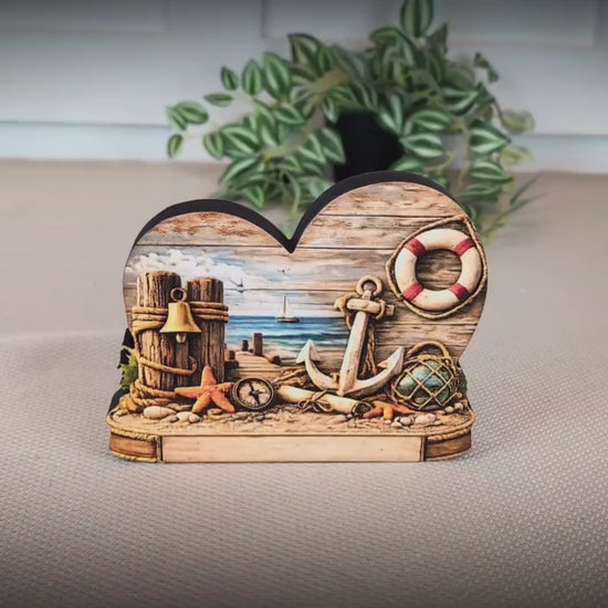 Personalized Coastal Heart Shelf Sitter, Nautical Beach House Decor, Ocean Lover Gift, Tabletop Sign, Keepsake, Mantel & Tiered Tray Decor