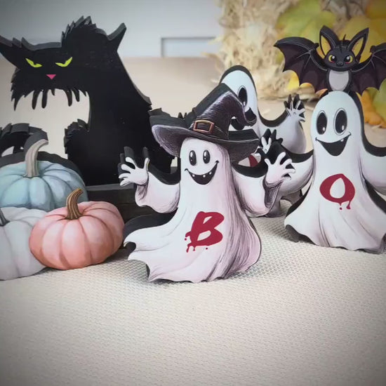 Boo Ghosts Shelf Sitters–Two Styles include 3 Ghosts with Black Cat & Pumpkins, Can Be Personalized,  Playfully spooky and perfectly sweet
