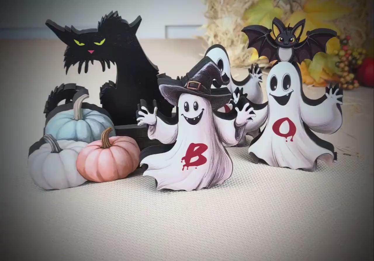 Boo Ghosts Shelf Sitters–Two Styles include 3 Ghosts with Black Cat & Pumpkins, Can Be Personalized,  Playfully spooky and perfectly sweet
