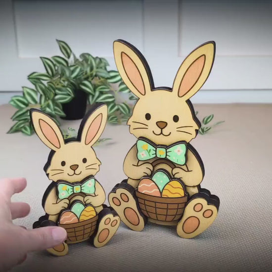Easter Bunny Shelf Sitter – Personalized Wooden Decor, Two Sizes, Basket of Eggs, Perfect Mantel or Tiered Tray Decor
